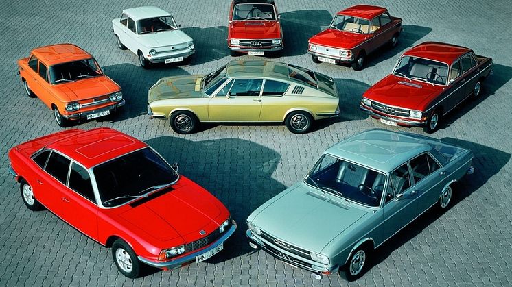 1971 portefølje af Audi og NSU, der repræsenterer Vorsprung durch Technik