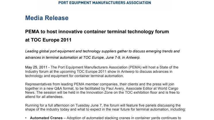 PEMA to host innovative container terminal technology forum  at #TOCEurope 
