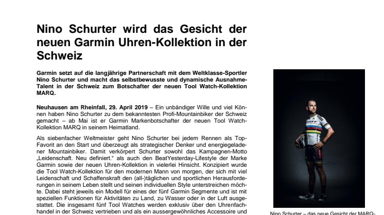 Nino Schurter wird das Gesicht der neuen Garmin Uhren-Kollektion in der Schweiz