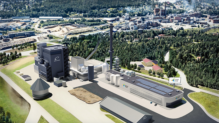 Så här är tanken att FlagshipOne ska se ut i Örnsköldsvik. Fabriken kommer dammsuga kraftvärmeverket Hörneborgsverket på koldioxid som en del i processen att skapa e-metanol. 