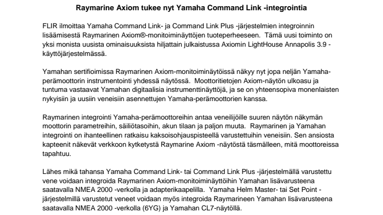 Raymarine Axiom tukee nyt Yamaha Command Link -integrointia 
