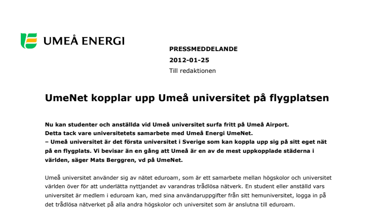 UmeNet kopplar upp Umeå universitet på flygplatsen