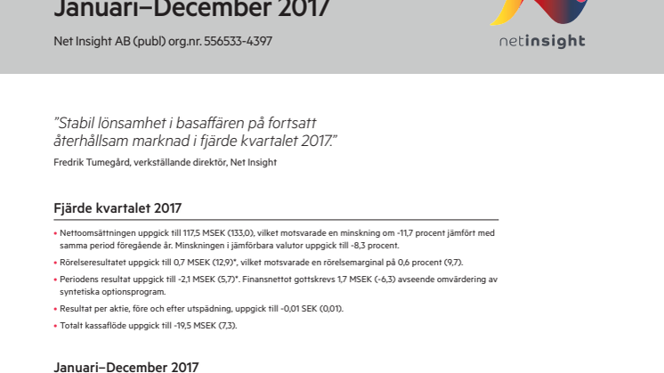 Net Insight Bokslutskommuniké Januari - December 2017