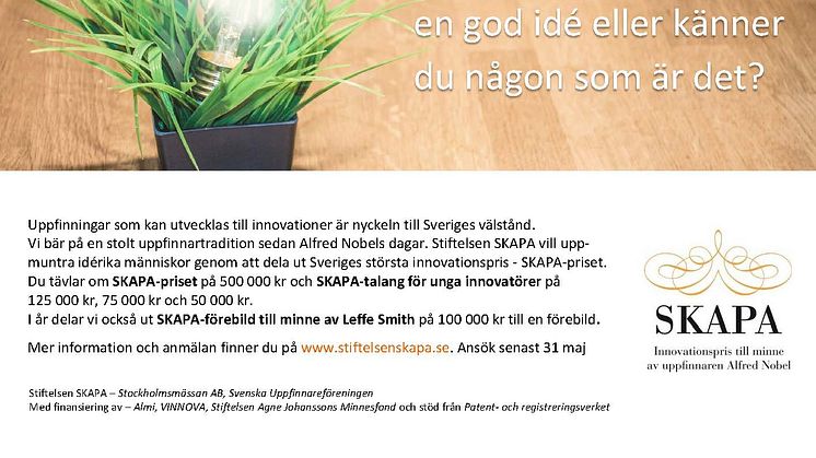 SKAPA-stiftelsen söker 2021 års bästa uppfinnare och innovatör!