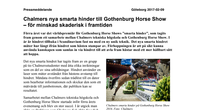 Chalmers nya smarta hinder till Gothenburg Horse Show  – för minskad skaderisk i framtiden