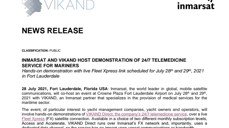 Inmarsat and VIKAND Host Demonstration of 24/7 Telemedicine Service for Mariners