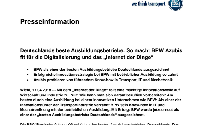 Deutschlands beste Ausbildungsbetriebe: So macht BPW Azubis fit für die Digitalisierung und das "Internet der Dinge"