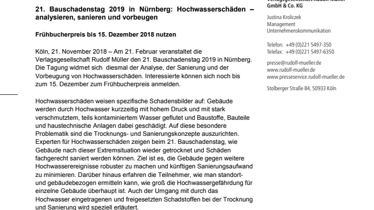 21. Bauschadenstag 2019 in Nürnberg: Hochwasserschäden – analysieren, sanieren und vorbeugen