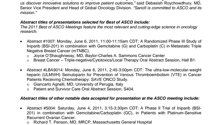 Data at ASCO Showcase Sanofi’s Commitment to Research and Identify Treatments for Cancer Patients