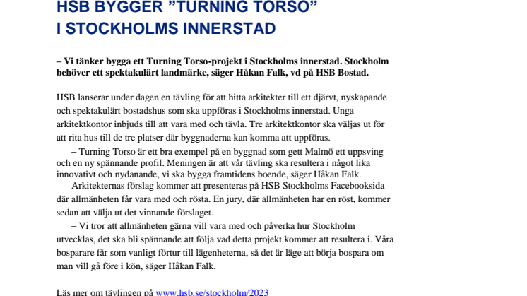 HSB bygger ”Turning Torso” i Stockholms innerstad 