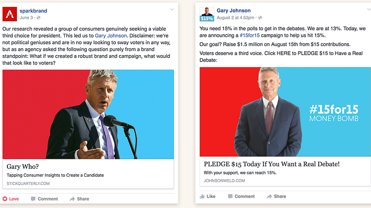 Spark puts its idea (left) side-by-side with the Johnson campaign's own Facebook post on its website http://stickquarterly.com/gary/ . This seems to show unequivocably that one copied the other. But which came first?