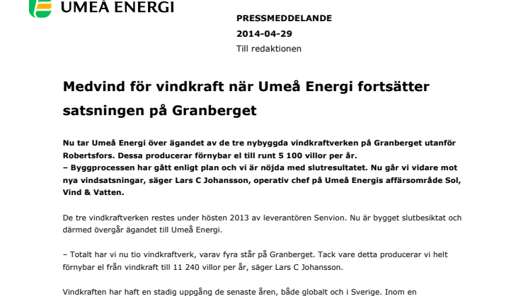 Medvind för vindkraft när Umeå Energi fortsätter satsningen på Granberget 
