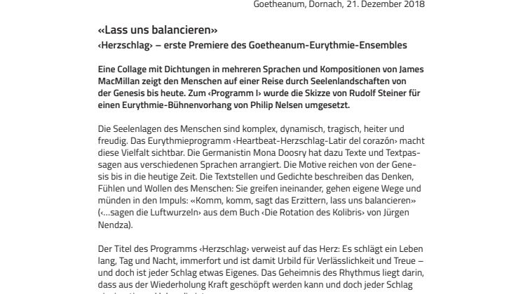 «Lass uns balancieren». ​‹Herzschlag› – erste Premiere des Goetheanum-Eurythmie-Ensembles