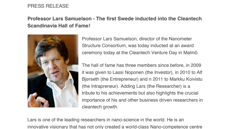 Professor Lars Samuelson - The first Swede inducted into the Cleantech Scandinavia Hall of Fame