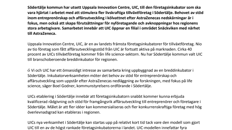 Uppsala Innovation Centre blir Södertäljes företagsinkubator