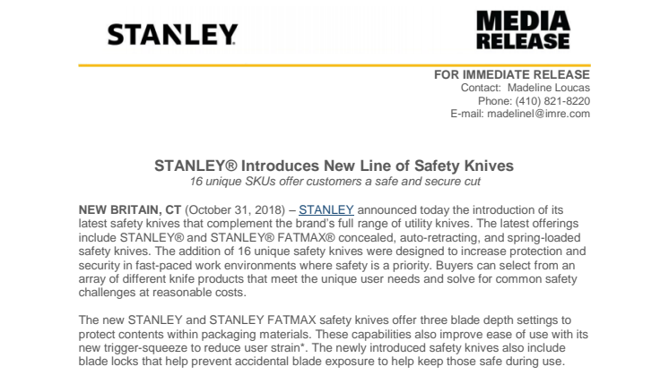 STANLEY® Introduces New Line of Safety Knives