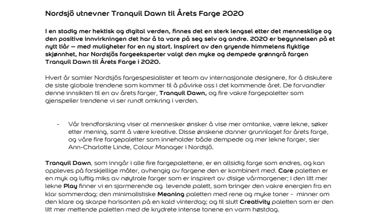 Nordsjö utnevner Tranquil Dawn til Årets Farge 2020