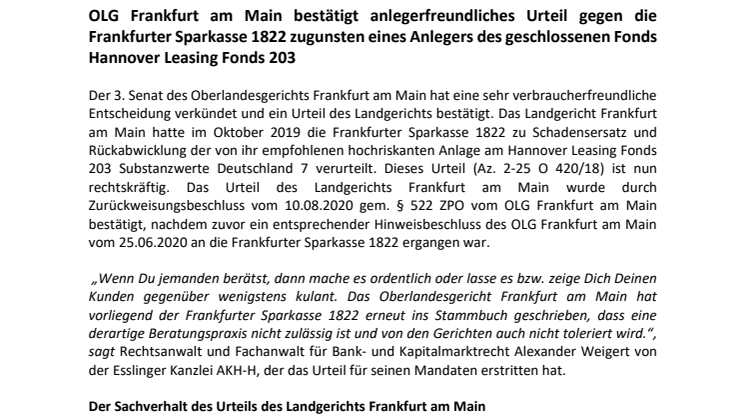 OLG Frankfurt am Main bestätigt Urteil gegen die Frankfurter Sparkasse 1822 zugunsten eines Anlegers des geschlossenen Fonds Hannover Leasing Fonds 203