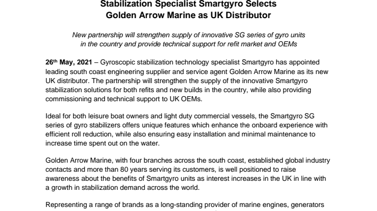 Stabilization Specialist Smartgyro Selects Golden Arrow Marine as UK Distributor