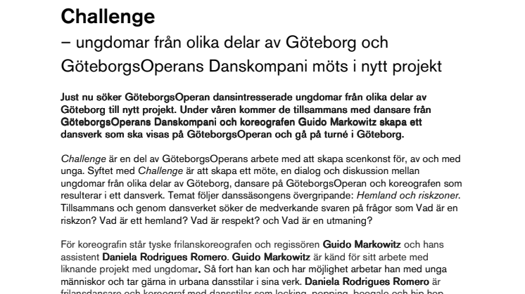 Challenge  – ungdomar från olika delar av Göteborg och GöteborgsOperans Danskompani möts i nytt projekt