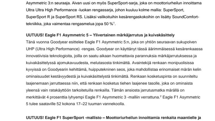 Goodyear esittelee: Uusi Eagle F1 SuperSport -sarja ja Eagle Asymmetric 5 kauden renkaiden joukossa