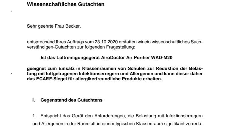 Gutachten der Berliner Charité bestätigt hochwirksame Leistung des AiroDoctor Luftreiniger