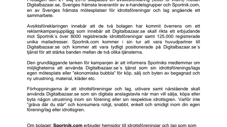 Letter of intent mellan Digitalbazaar.se och Sportnik.com angående sammarbete!
