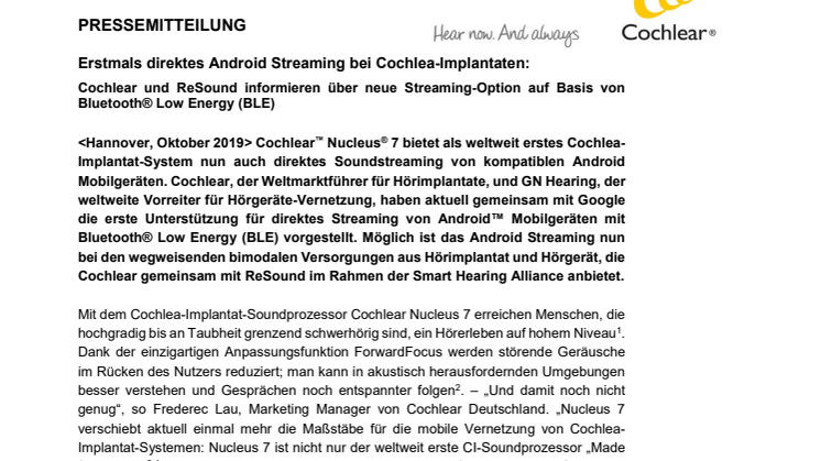 Erstmals direktes Android Streaming bei Cochlea-Implantaten