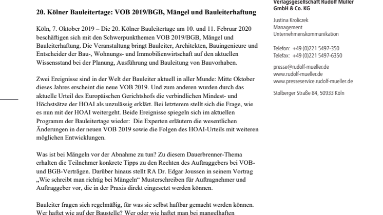 20. Kölner Bauleitertage: VOB 2019/BGB, Mängel und Bauleiterhaftung