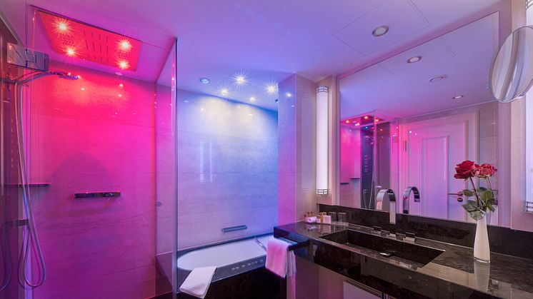 Atmospheric colours in the new bathrooms at the Maritim Hotel Bremen, Germany. 