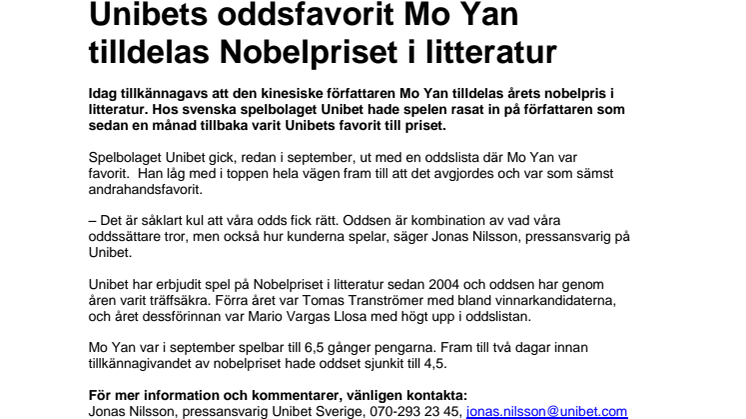 Unibets oddsfavorit Mo Yan tilldelades Nobelpriset i litteratur