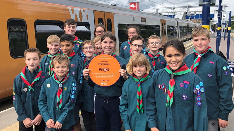 Scouts Bromsgrove members from Finstall Scout Troop with their Cross City Heroes plaque. This will be displayed at Barnt Green station this summer.  Credit - Peter Dodman