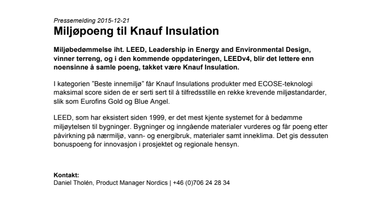Miljøpoeng til Knauf Insulation