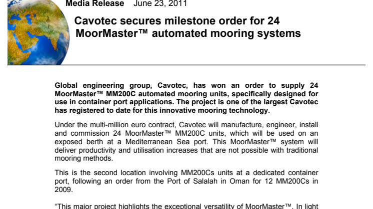 Cavotec secures milestone order for 24 MoorMaster™ automated mooring systems
