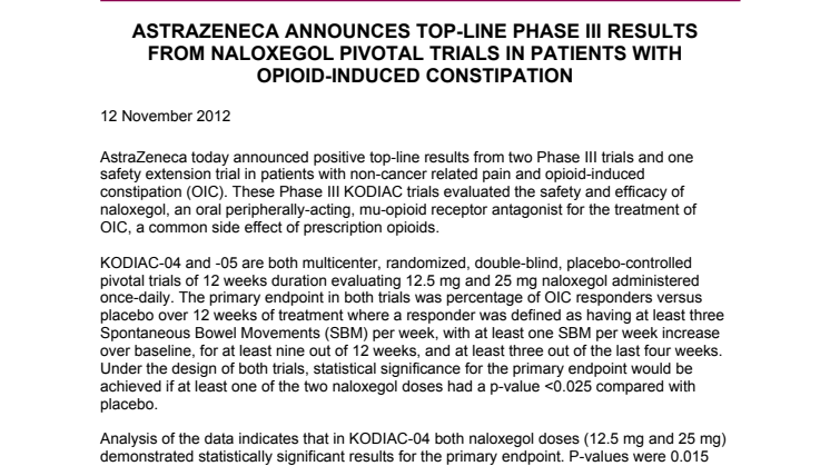 AstraZeneca meddelar topline-resultat från fas-3-studier av Naloxegol för behandling av förstoppning orsakad av opioider