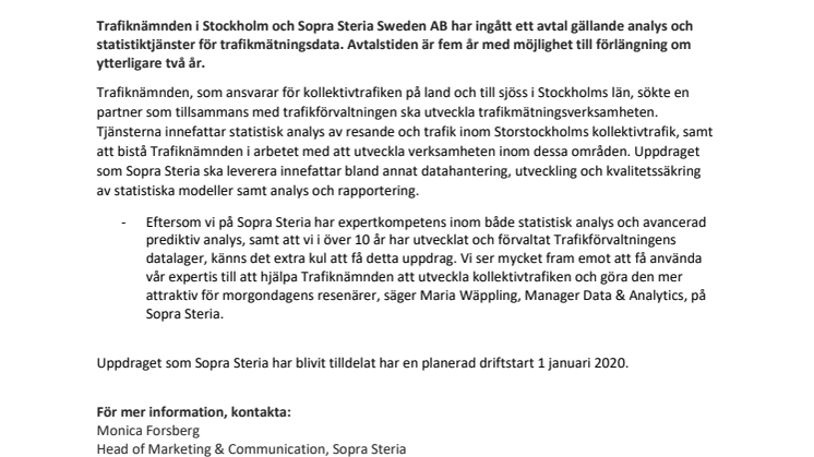 Trafiknämnden i Stockholm har valt Sopra Steria som partner