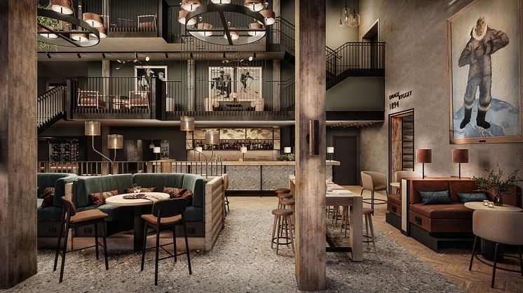 Slik blir restauranten og baren i hovedbygget på nye Scandic Holmenkollen Park. Rendering: Metropolis arkitektur & design AS