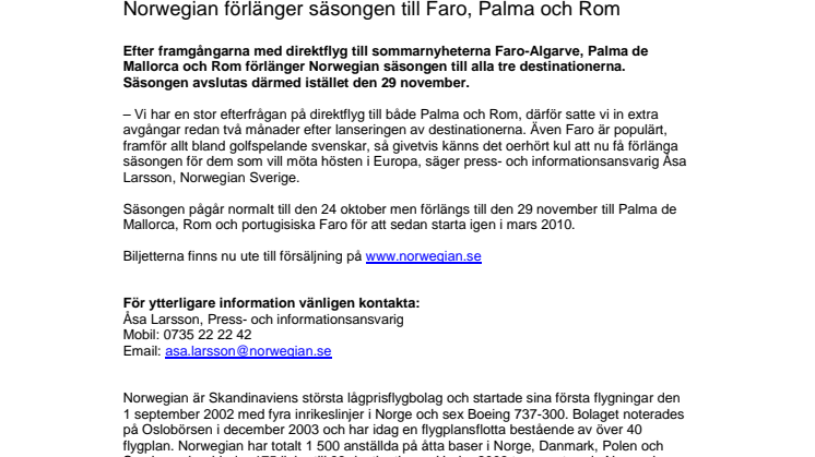 Norwegian förlänger säsongen till Faro, Palma och Rom