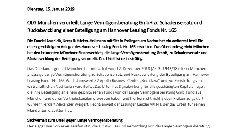 OLG München verurteilt Lange Vermögensberatung GmbH zu Schadensersatz und Rückabwicklung einer Beteiligung am Hannover Leasing Fonds Nr. 165