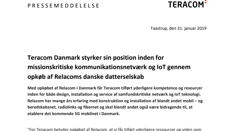Teracom Danmark styrker sin position med opkøb af Relacoms danske datterselskab