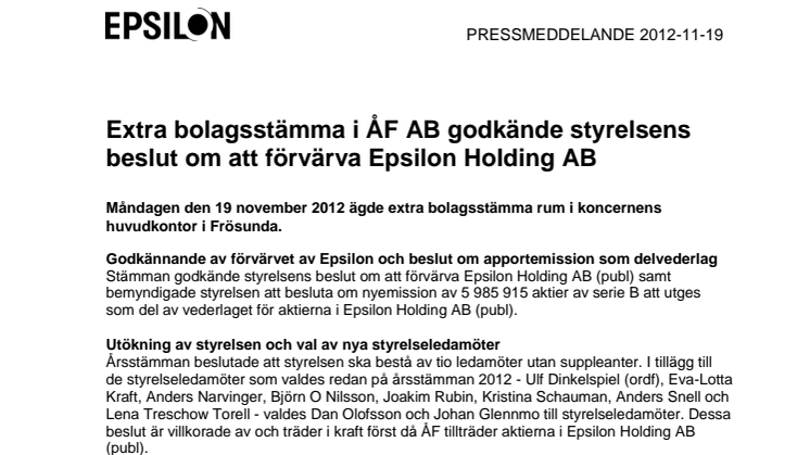 Extra bolagsstämma i ÅF AB godkände styrelsens beslut om att förvärva Epsilon Holding AB 