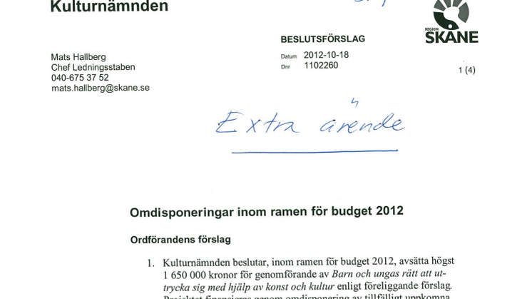 Extra ärende - Omdisponeringar inom ramen för budget 2012