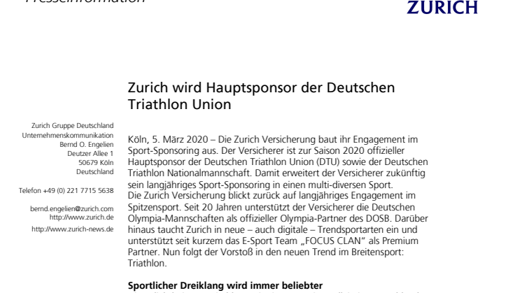 Zurich wird Hauptsponsor der Deutschen Triathlon Union