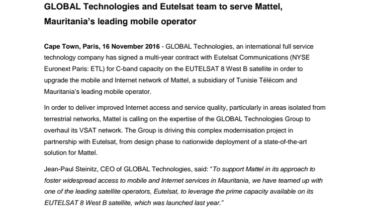 GLOBAL Technologies and Eutelsat team to serve Mattel, Mauritania’s leading mobile operator