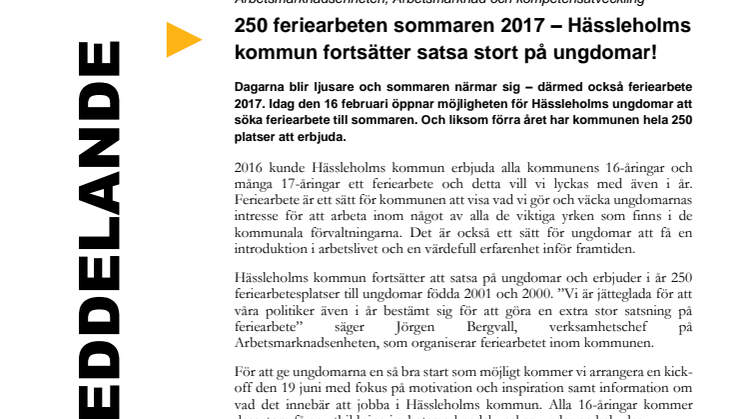 250 feriearbeten sommaren 2017 – Hässleholms kommun fortsätter satsa stort på ungdomar!