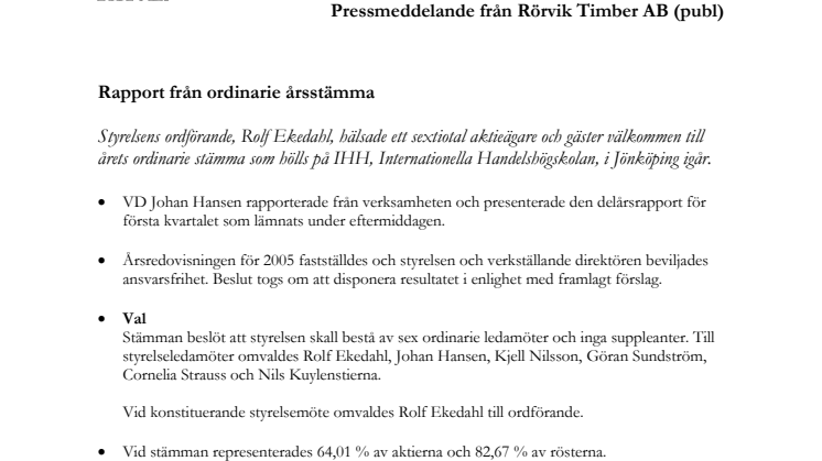 Rörvik Timber AB (publ): Rapport från ordinarie årsstämma