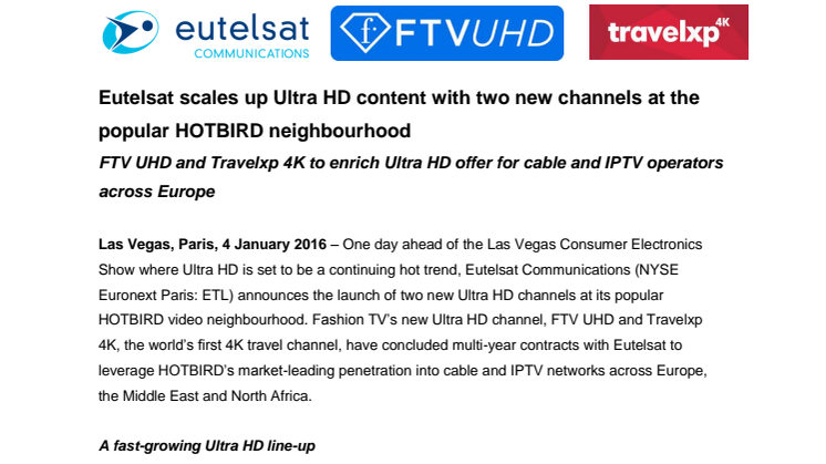 Eutelsat scales up Ultra HD content with two new channels at the popular HOTBIRD neighbourhood