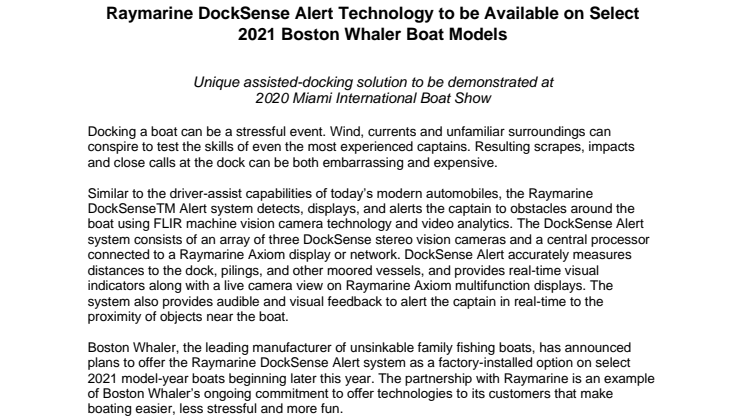 Raymarine DockSense Alert Technology to be Available on Select 2021 Boston Whaler Boat Models