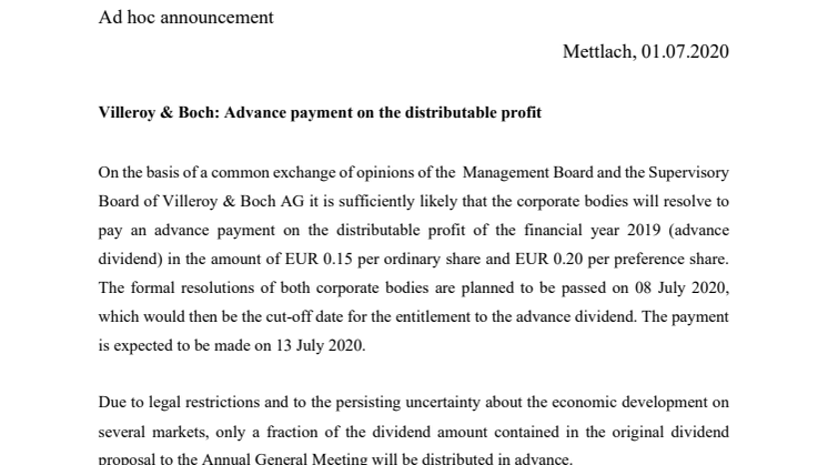 Villeroy & Boch: Advance payment on the distributable profit