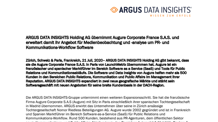 ARGUS DATA INSIGHTS Holding AG übernimmt Augure Corporate France S.A.S. und erweitert damit ihr Angebot für Medienbeobachtung und -analyse um PR- und Kommunikations-Workflow Software 